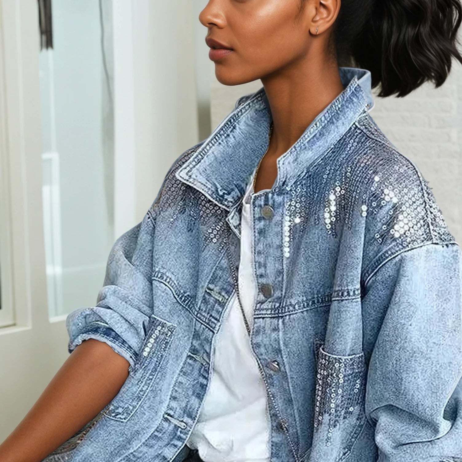 Cropped Sequin Denim Jacket