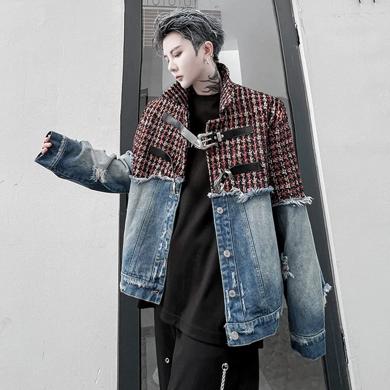 Plaid Splicing Denim Jacket