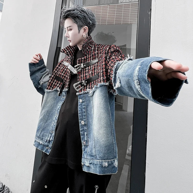 Plaid Splicing Denim Jacket