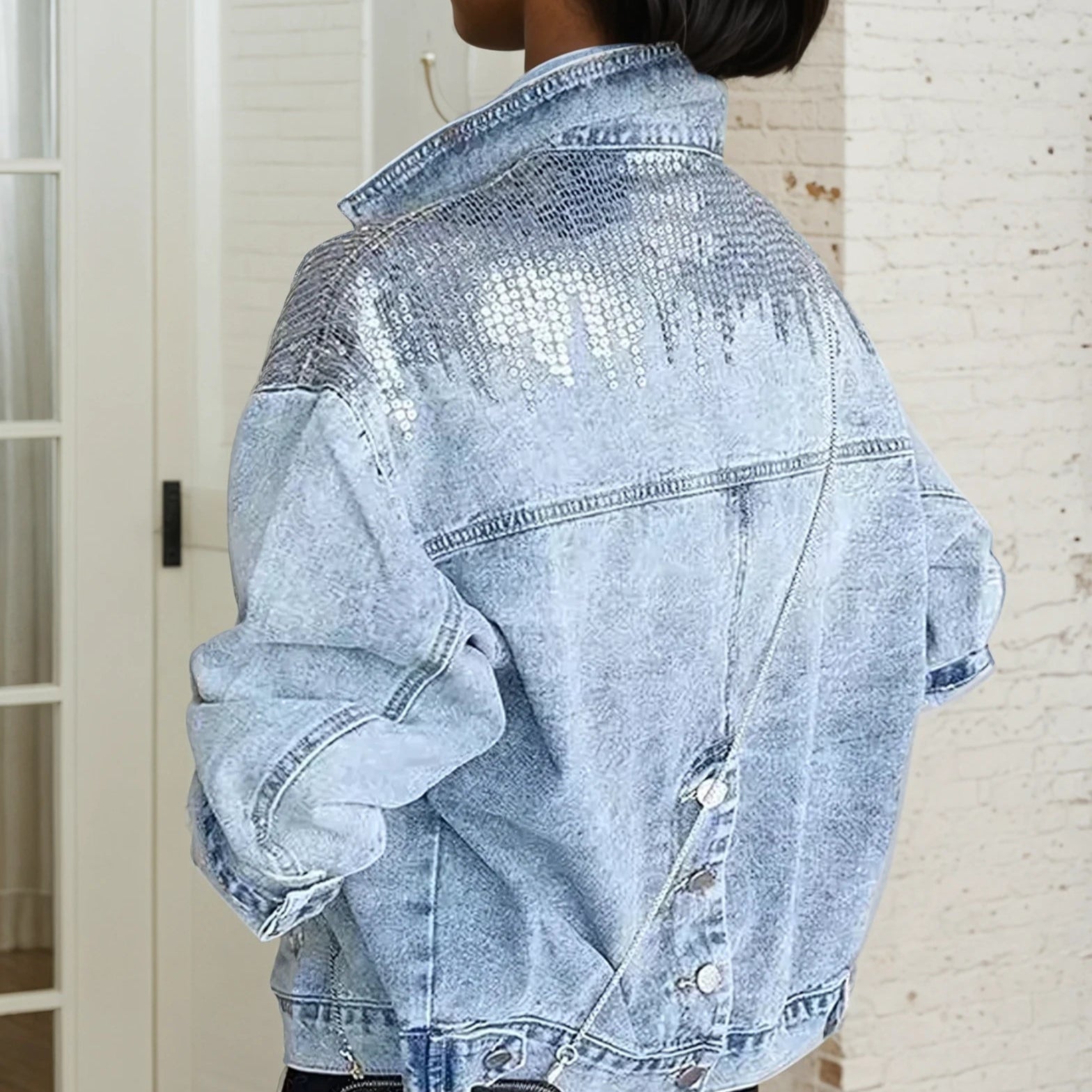 Cropped Sequin Denim Jacket