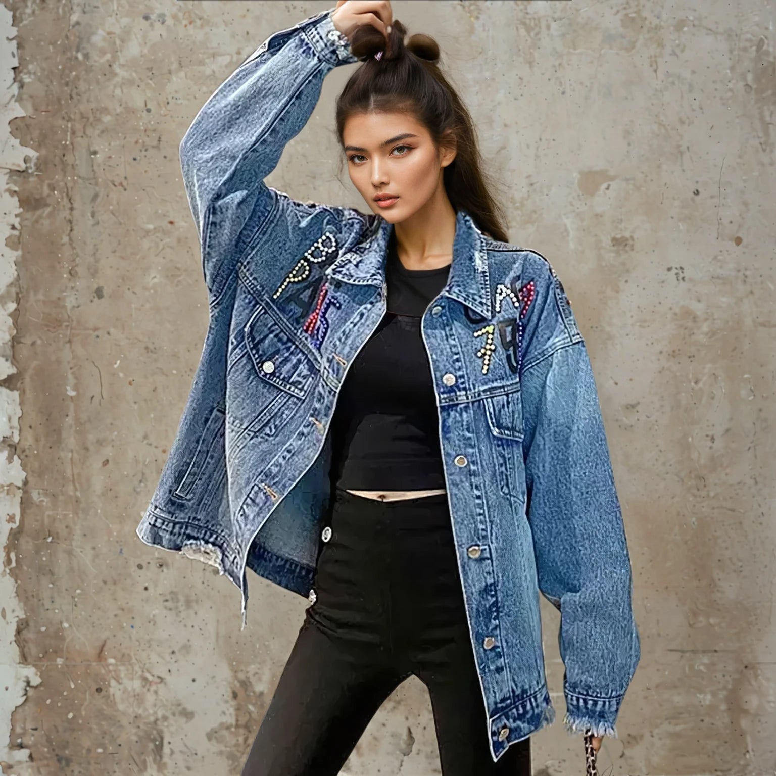 Bear Print Loose Denim Jacket