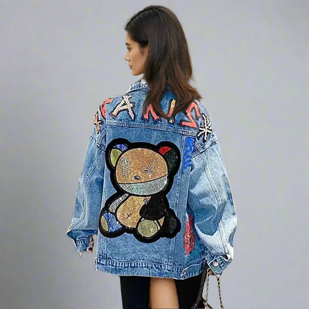 Bear Print Loose Denim Jacket