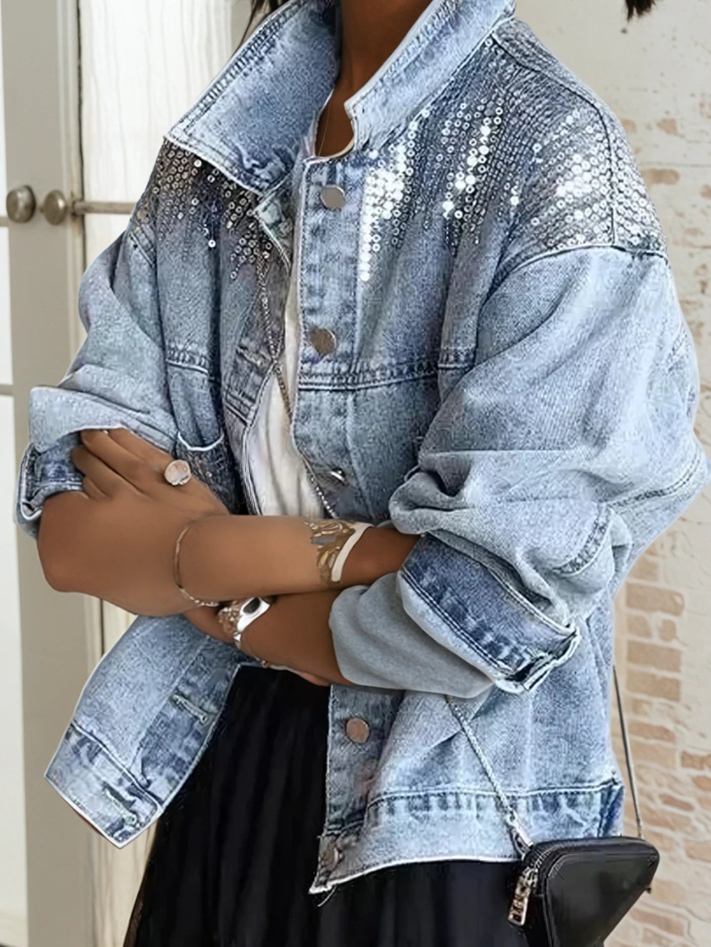 Cropped Sequin Denim Jacket