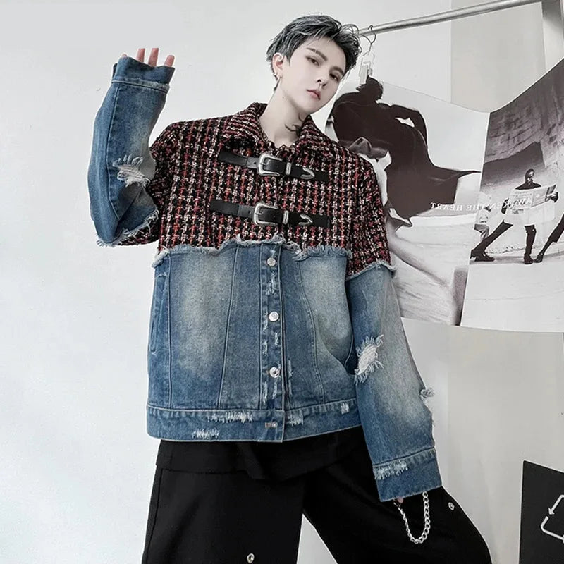 Plaid Splicing Denim Jacket