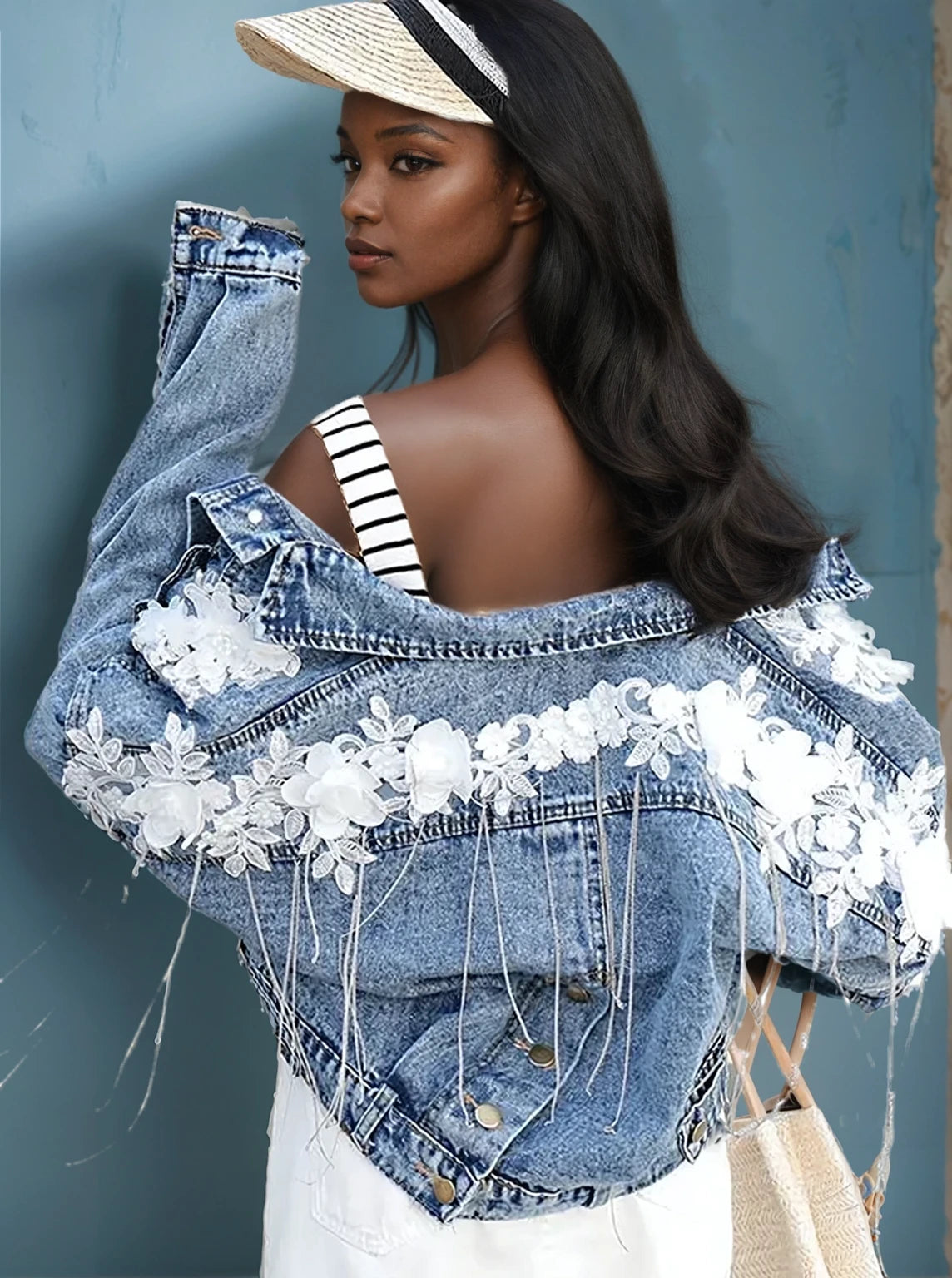 Flower Design Denim Jacket